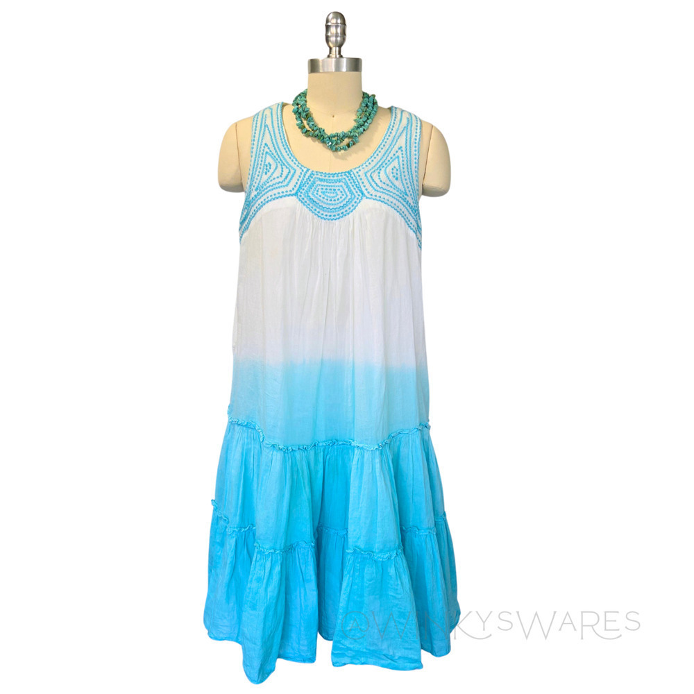 Vasna Midi Dress Size L Blue White Ombre Sleeveless Resort Vacation Gauzey